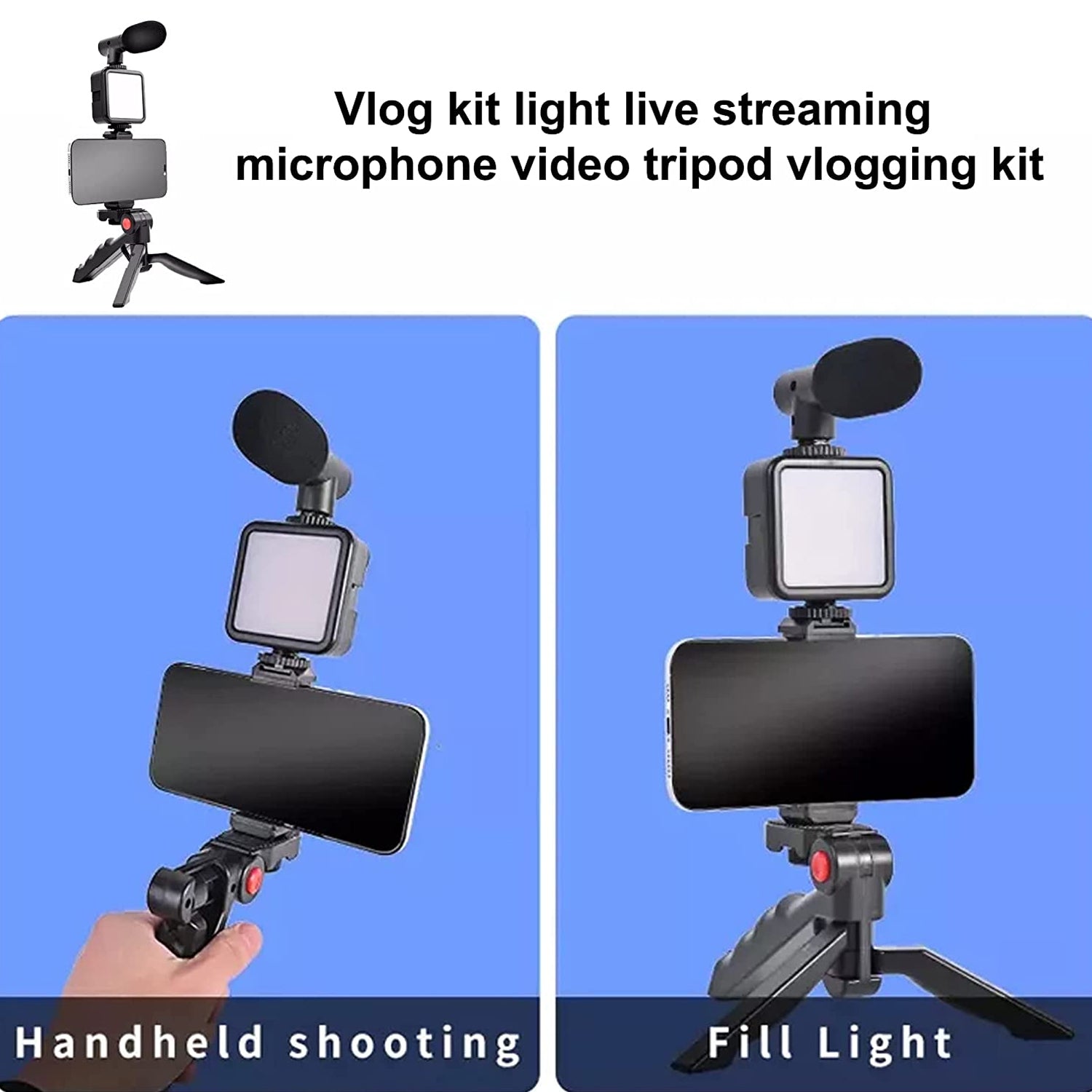 6054 Vlogging Kit for Video Making with Mic Mini Tripod Stand, LED Light & Phone Holder Clip for Making Videos 