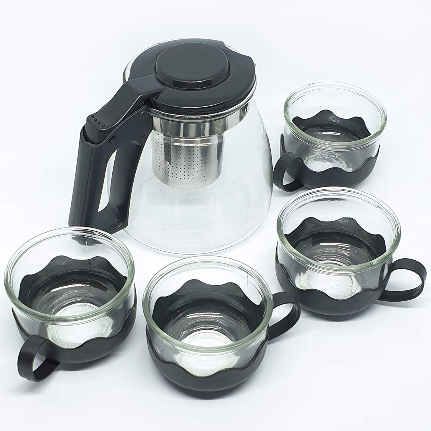 5886 Flame Proof Glass Kettle & Cup Set With Strainer High Quality Kettle Set For Home & Café Use  (4 Cup & 1 Kettle) (24 Pc MOQ)