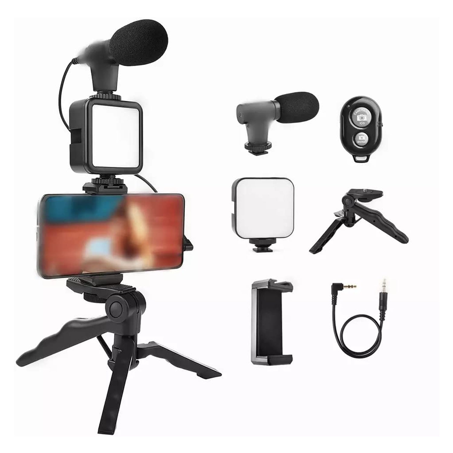 6054 Vlogging Kit for Video Making with Mic Mini Tripod Stand, LED Light & Phone Holder Clip for Making Videos 