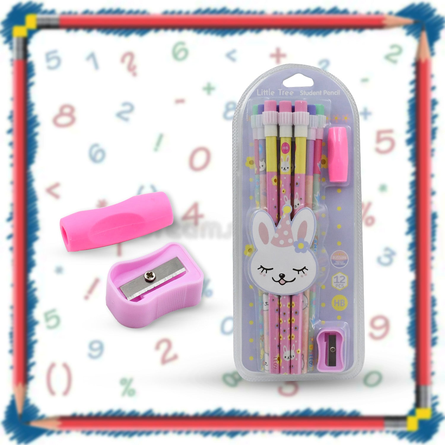 4396 Cute Rabbit Bear Drawing Graphite Writing Pencil Set with Pencil Sharpener & Eraser, Pencil and Eraser Set with Eraser for Kids, for Girls, Fancy School Stationary, Birthday Party Return Gift (14 Pc Set)