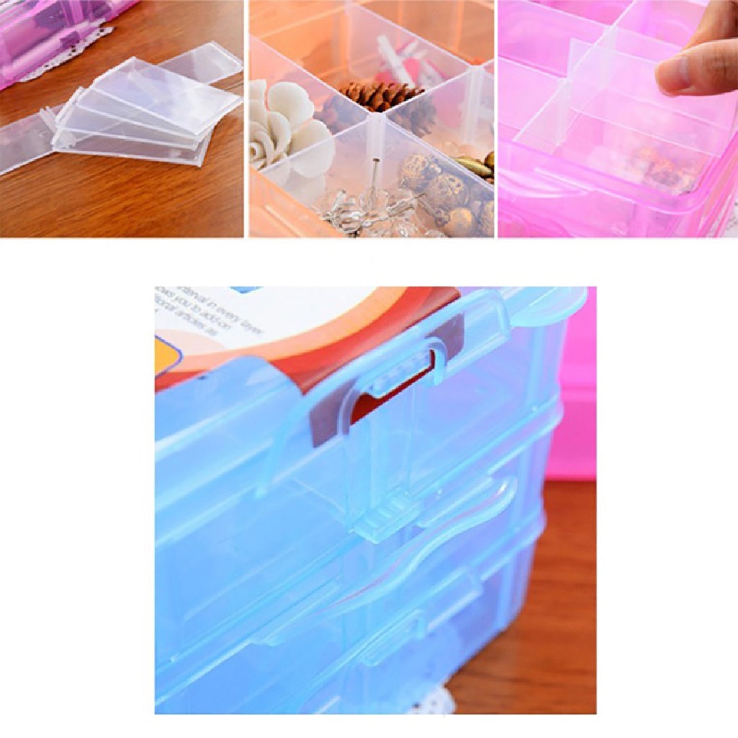 2644 3-Tier 18 Sections Transparent Stackable Adjustable Compartment Slot Plastic Craft Storage Box 