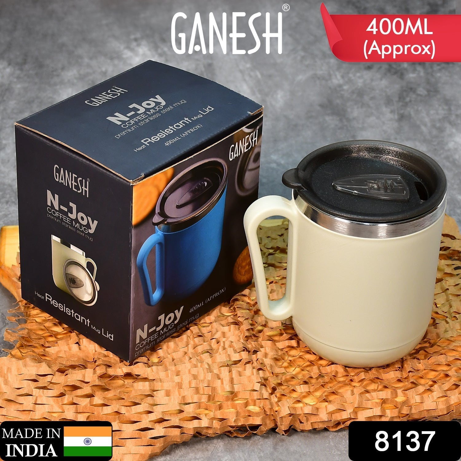 8137 Ganesh Premium Stainless Steel Coffee Mug with heat resistant mug lid. Approx 400Ml mug. 