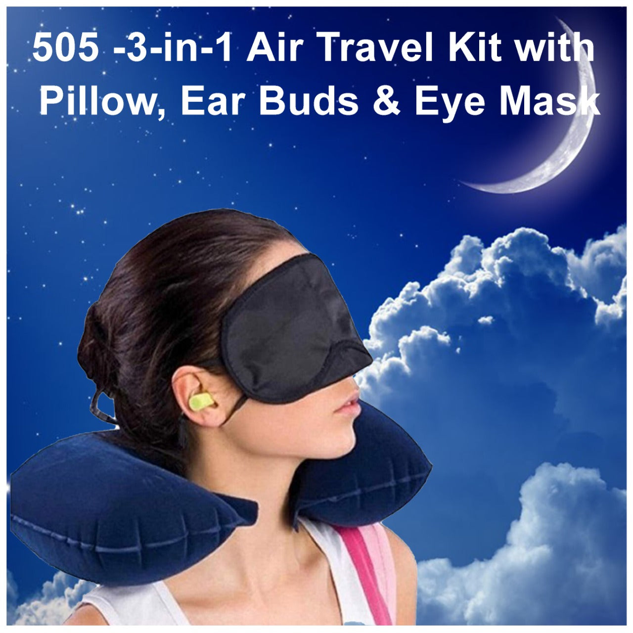 505 -3-in-1 Air Travel Kit with Pillow, Ear Buds & Eye Mask  Tapaswee Enterprise WITH BZ LOGO