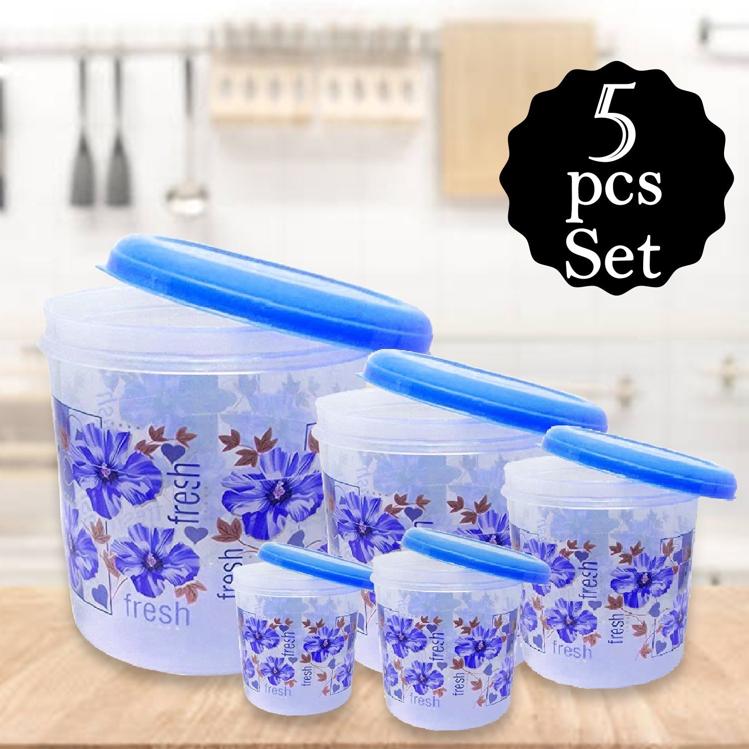 2446 Plastic Transparent Container Air Tight Dabba Set (3000ml, 2000ml, 1000ml, 750ml, 500ml) 